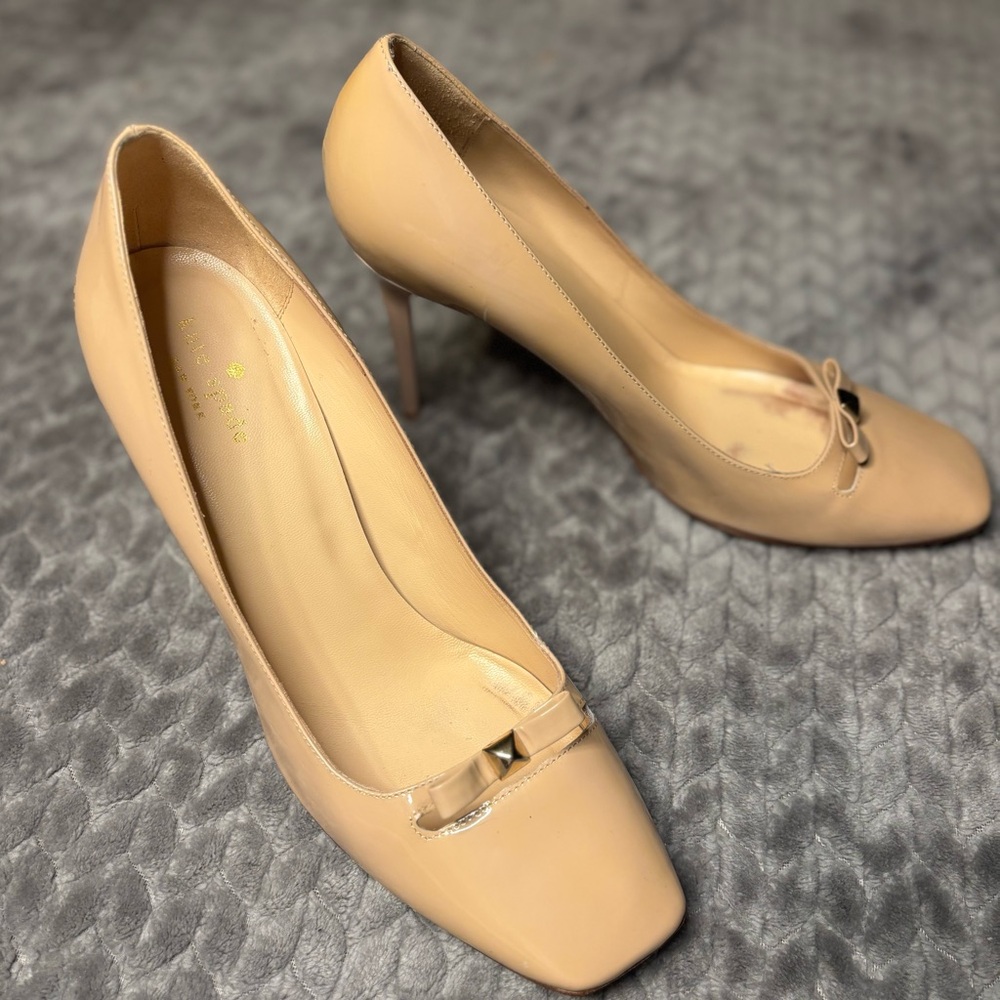 Kate Spade Nude Square Toe Heels with Bow and Stud Accent